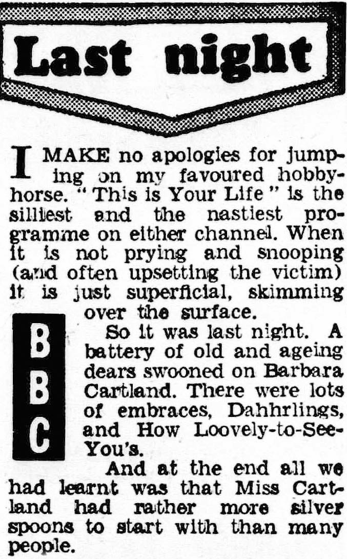 Evening Chronicle article: Barbara Cartland This Is Your Life