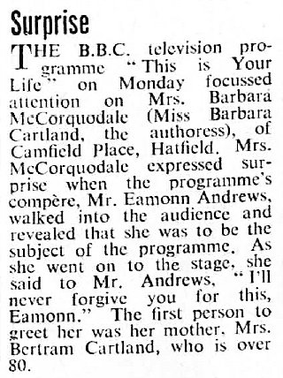 Hertfordshire Mercury article: Barbara Cartland This Is Your Life