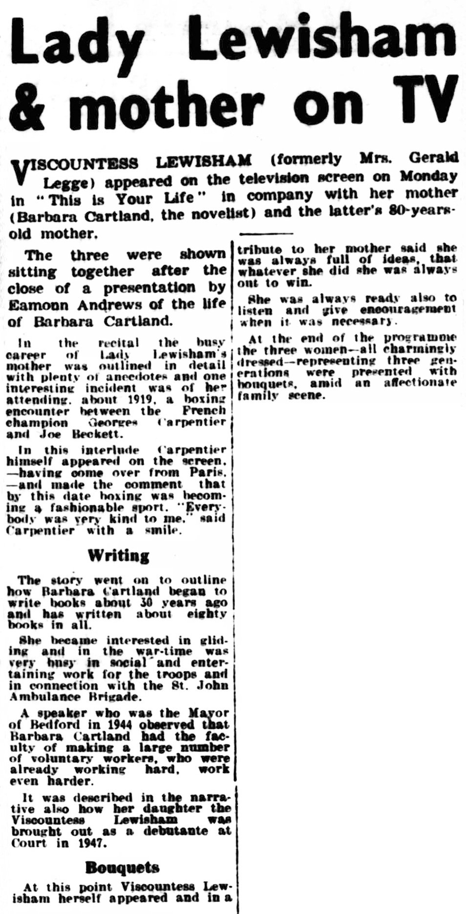 Sydenham Gazette article: Barbara Cartland This Is Your Life