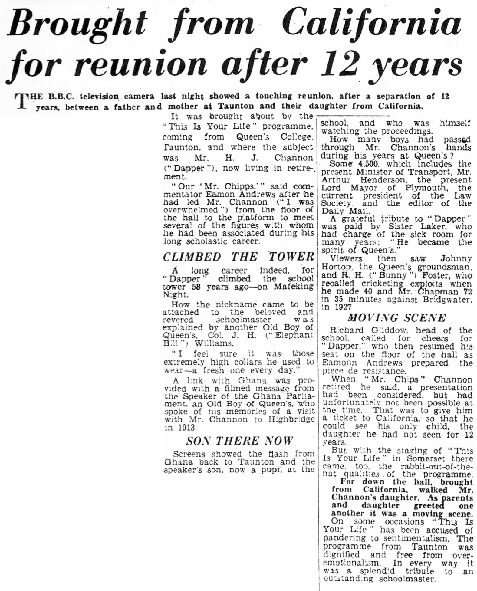 Bristol Evening Post article: Dapper Channon This Is Your Life