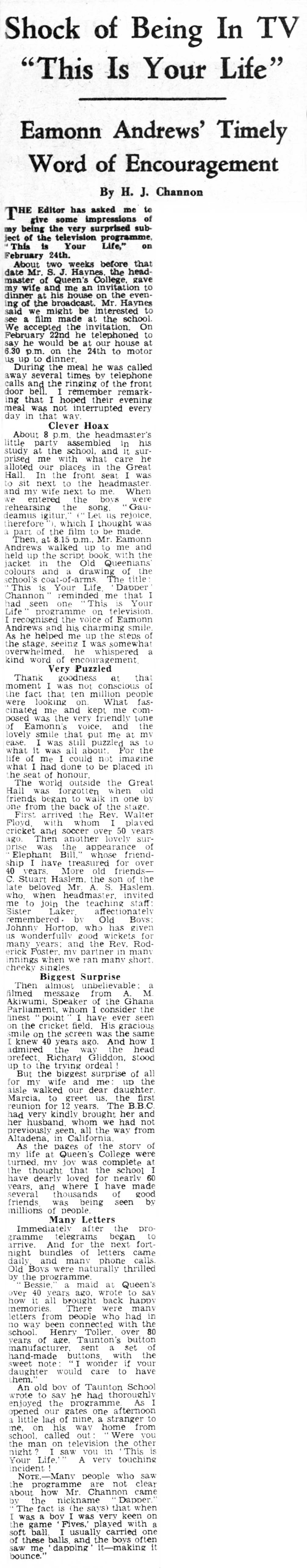 Somerset County Herald article: Dapper Channon This Is Your Life