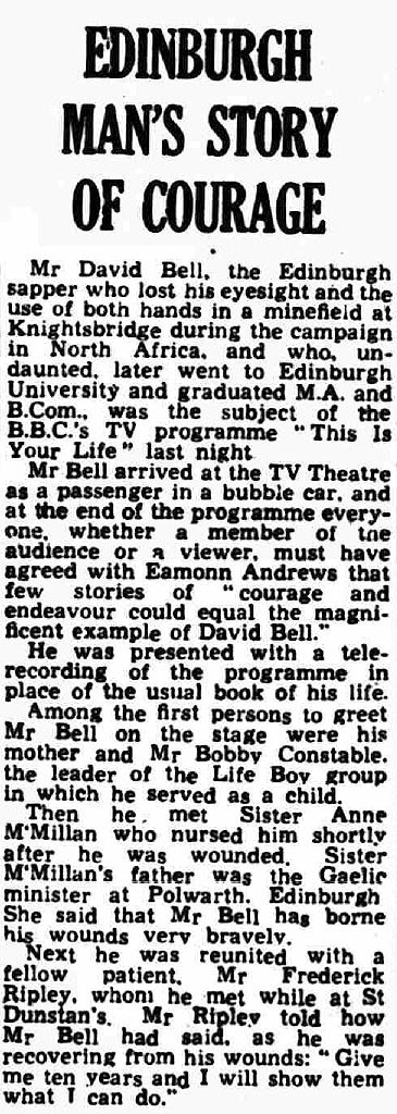 Edinburgh Evening News article: David Bell This Is Your Life