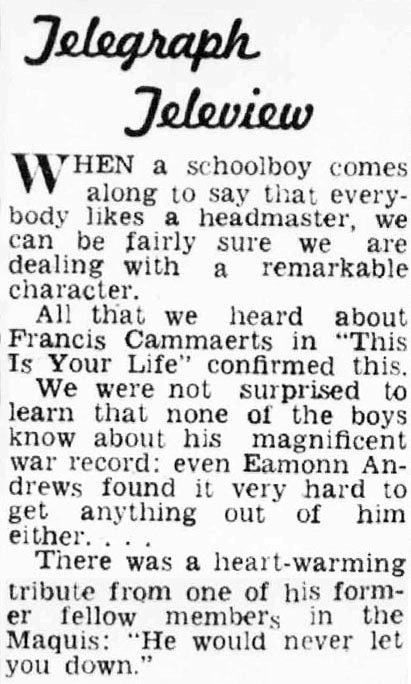 Evening Telegraph article: Francis Cammaerts This Is Your Life