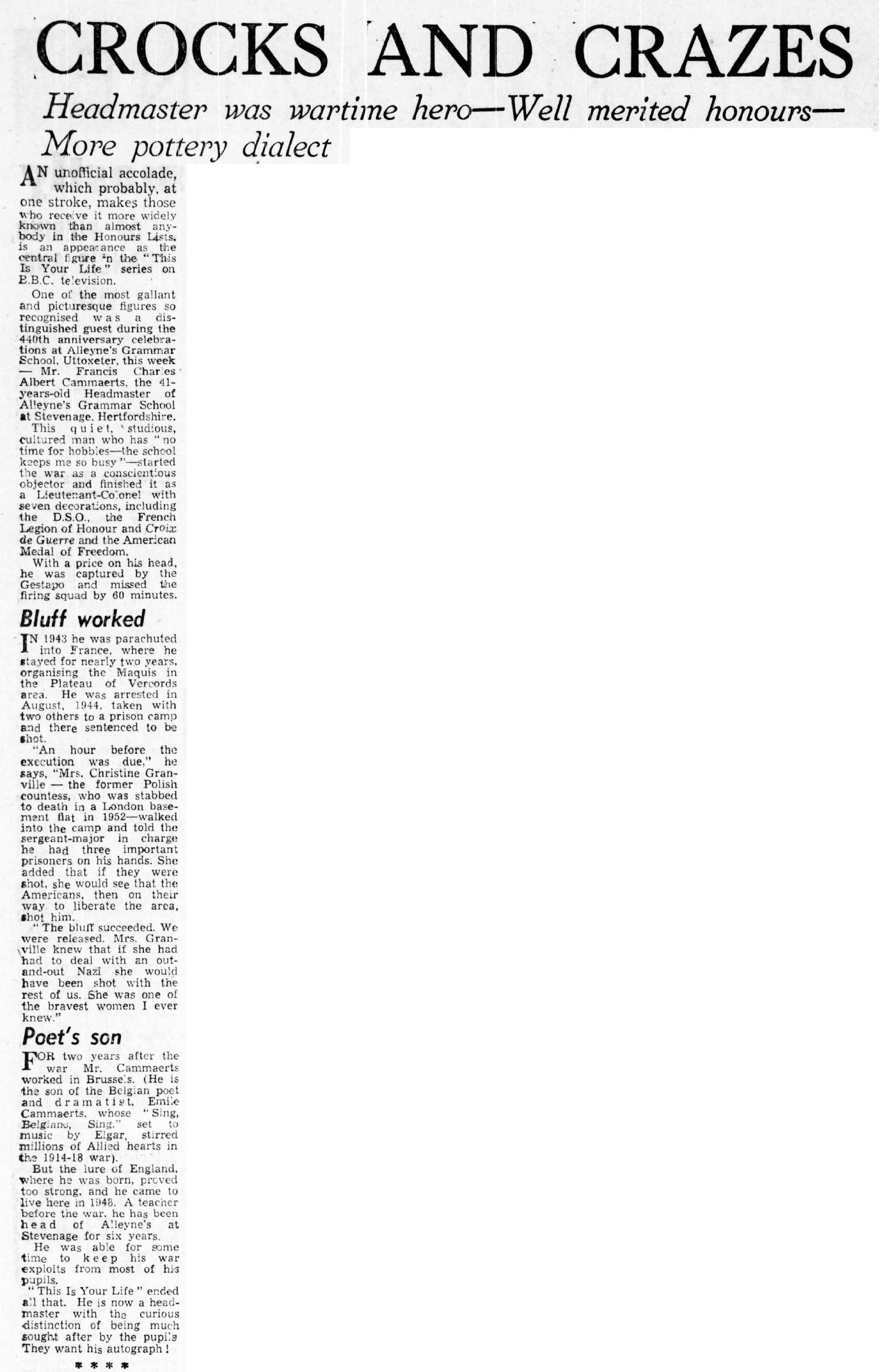 Evening Sentinel article: Francis Cammaerts This Is Your Life