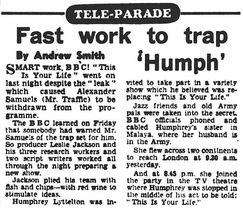 Daily Herald article: Humphrey Lyttelton This Is Your Life
