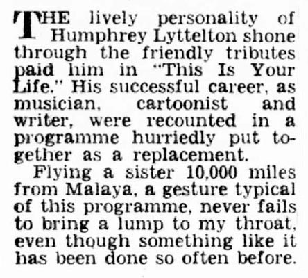 Evening Telegraph article: Humphrey Lyttelton This Is Your Life