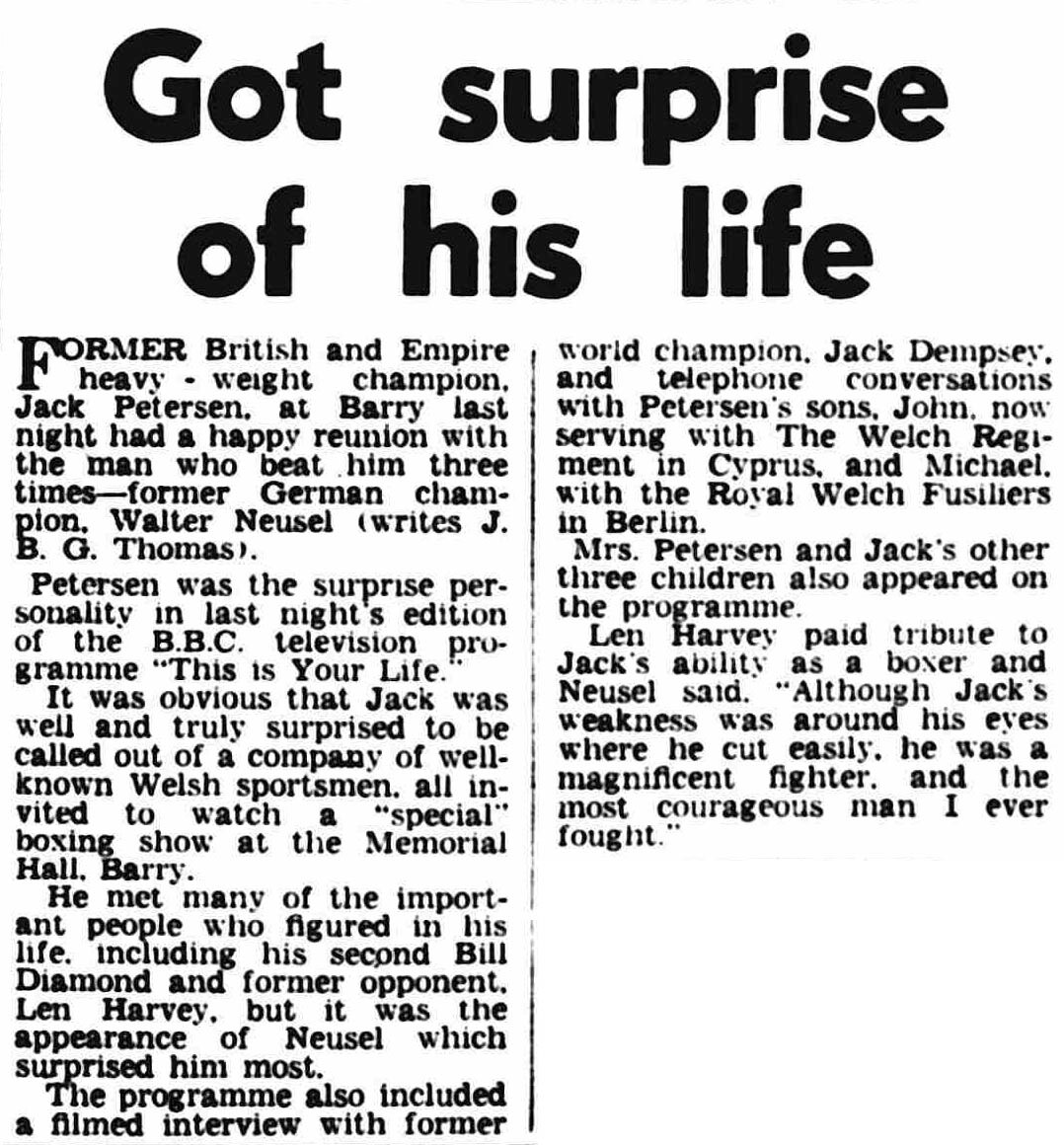 Western Mail article: Jack Petersen This Is Your Life