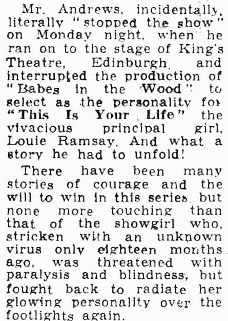 Huddersfield Daily Examiner article: Louie Ramsay This Is Your Life