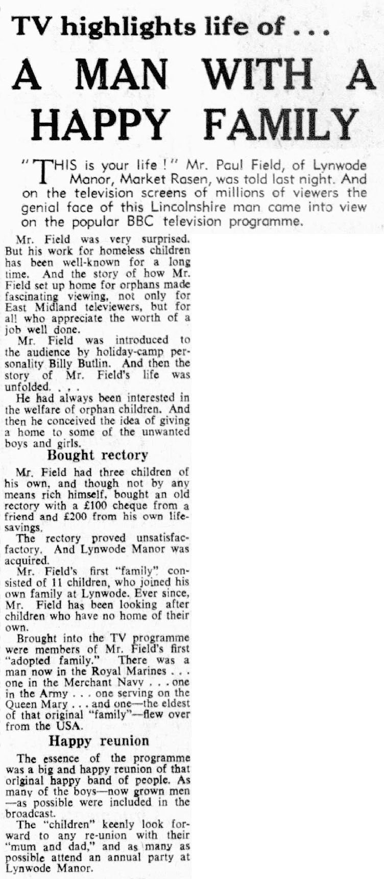 The Guardian Journal article: Paul Field This Is Your Life