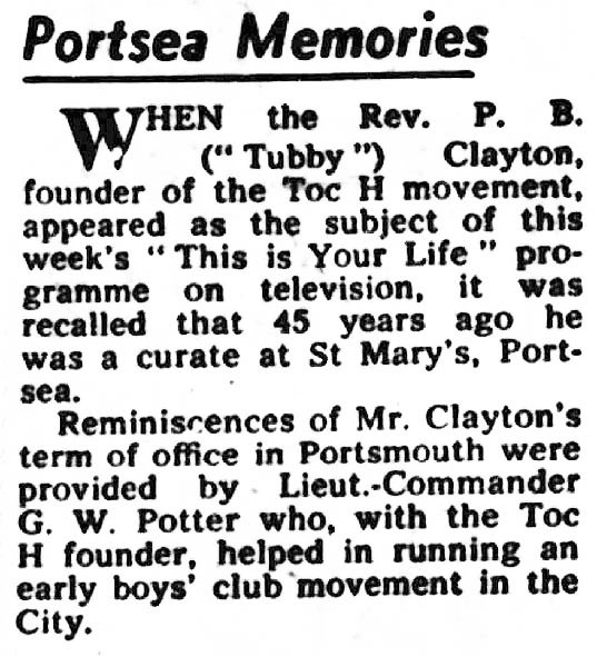 Portsmouth Evening News article: Tubby Clayton This Is Your Life