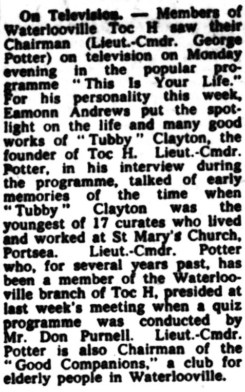 Hampshire Telegraph and Post article: Tubby Clayton This Is Your Life
