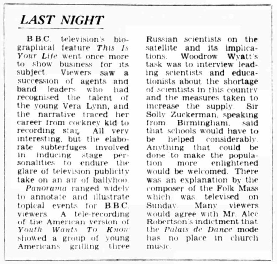 The Birmingham Post and Gazette article: Vera Lynn This Is Your Life