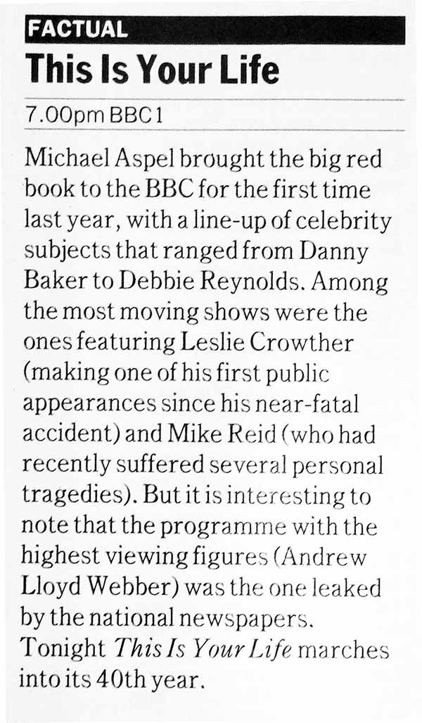 Radio Times article: Rolf Harris This Is Your Life