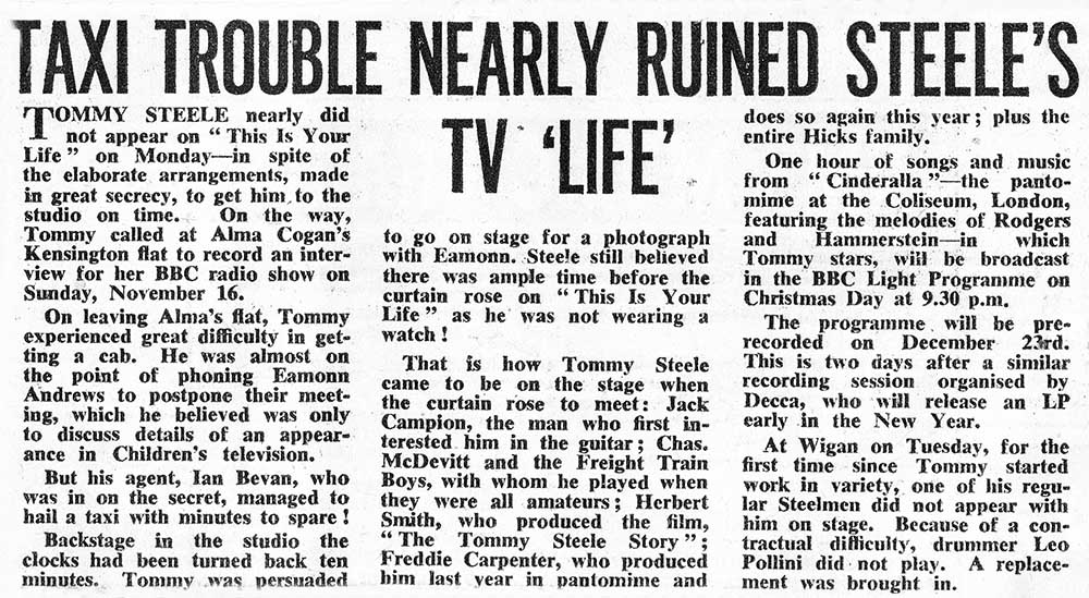 Newspaper article - unknown source: Tommy Steele This Is Your Life