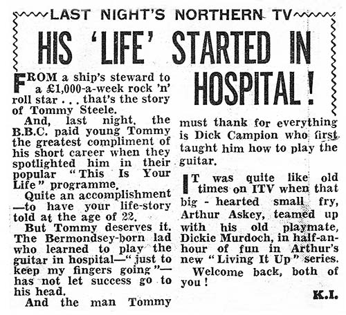 Newspaper article - unknown source: Tommy Steele This Is Your Life