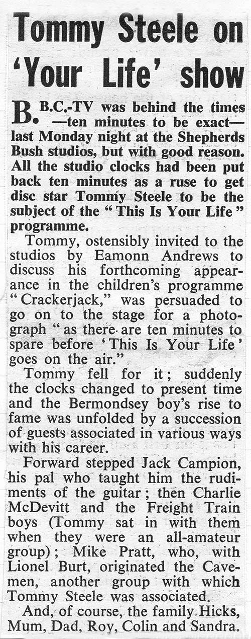 Newspaper article - unknown source: Tommy Steele This Is Your Life