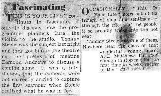 Newspaper article - unknown source: Tommy Steele This Is Your Life