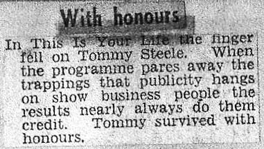 Newspaper article - unknown source: Tommy Steele This Is Your Life