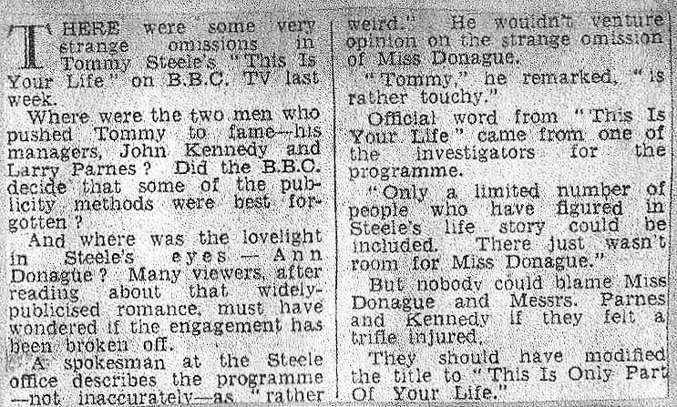 Newspaper article - unknown source: Tommy Steele This Is Your Life