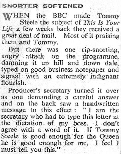 Newspaper article - unknown source: Tommy Steele This Is Your Life